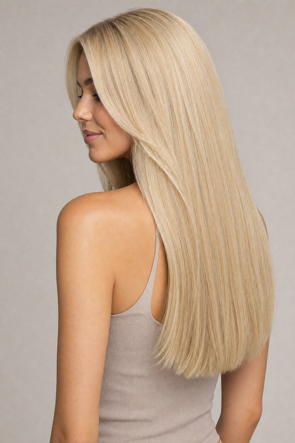 Model mit Extensions in Farbe 613 Weißgoldblond