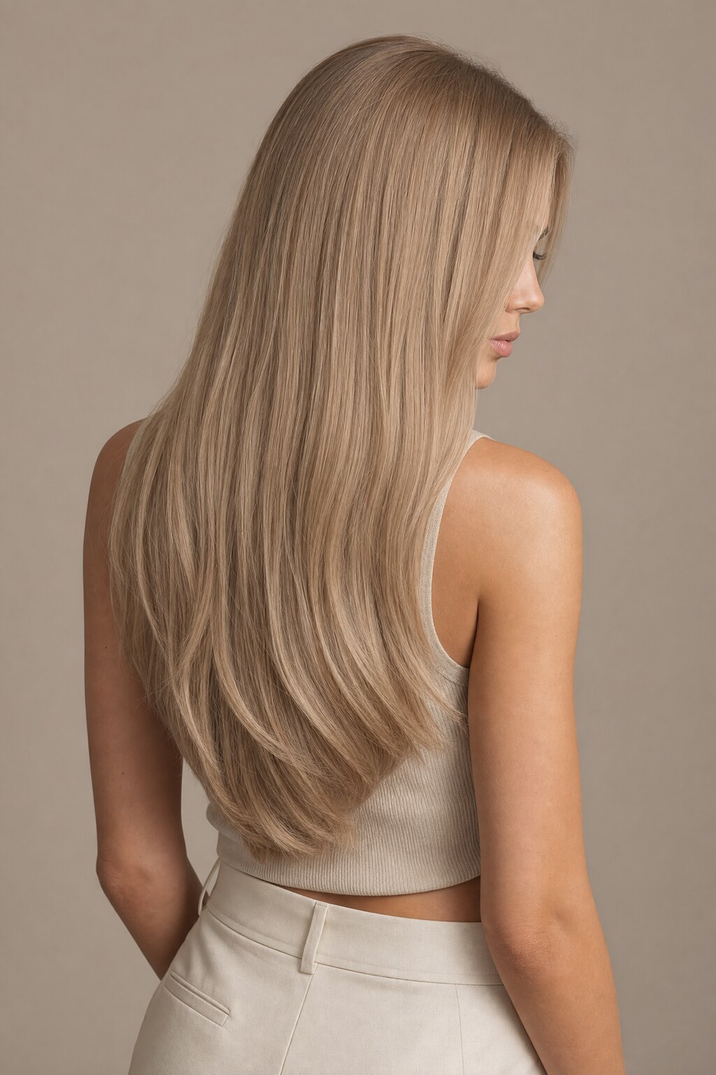 Model mit Extensions in Farbe 614B Sommerblond gesträhnt