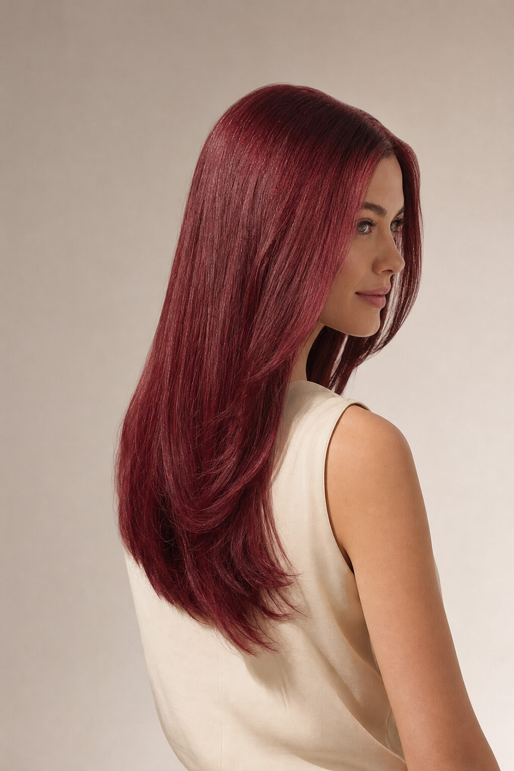 Model mit Extensions in Farbe 66/47 Burgund