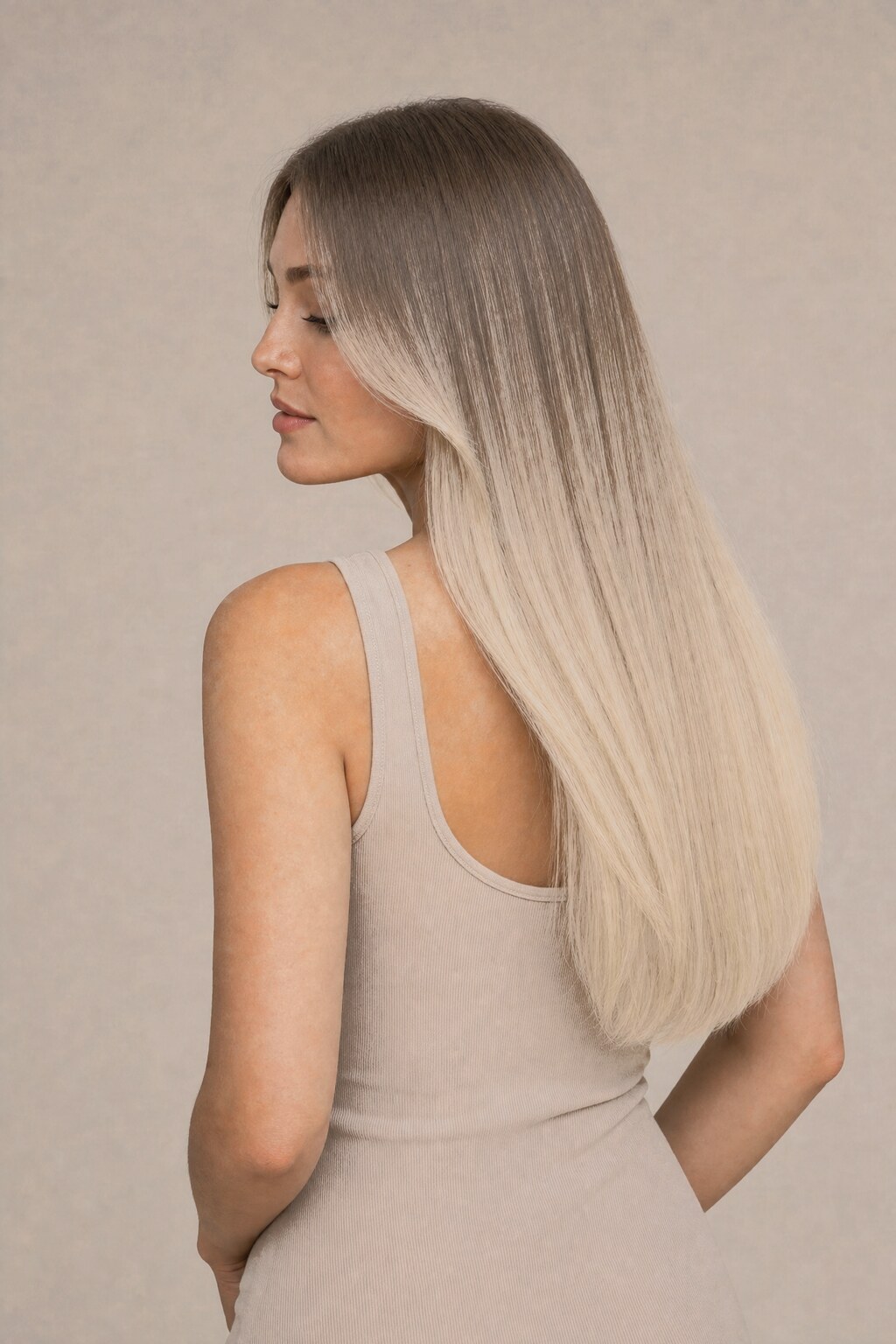 Model mit Extensions in Farbe 7/1001 Dunkelaschblond/Weißblond