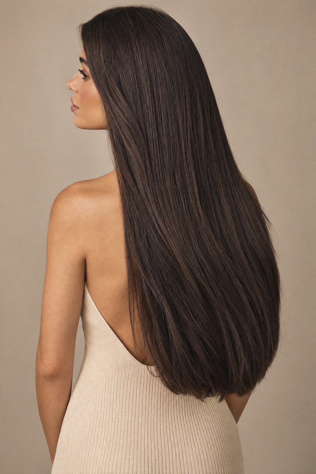 Model mit Extensions in Farbe Natur