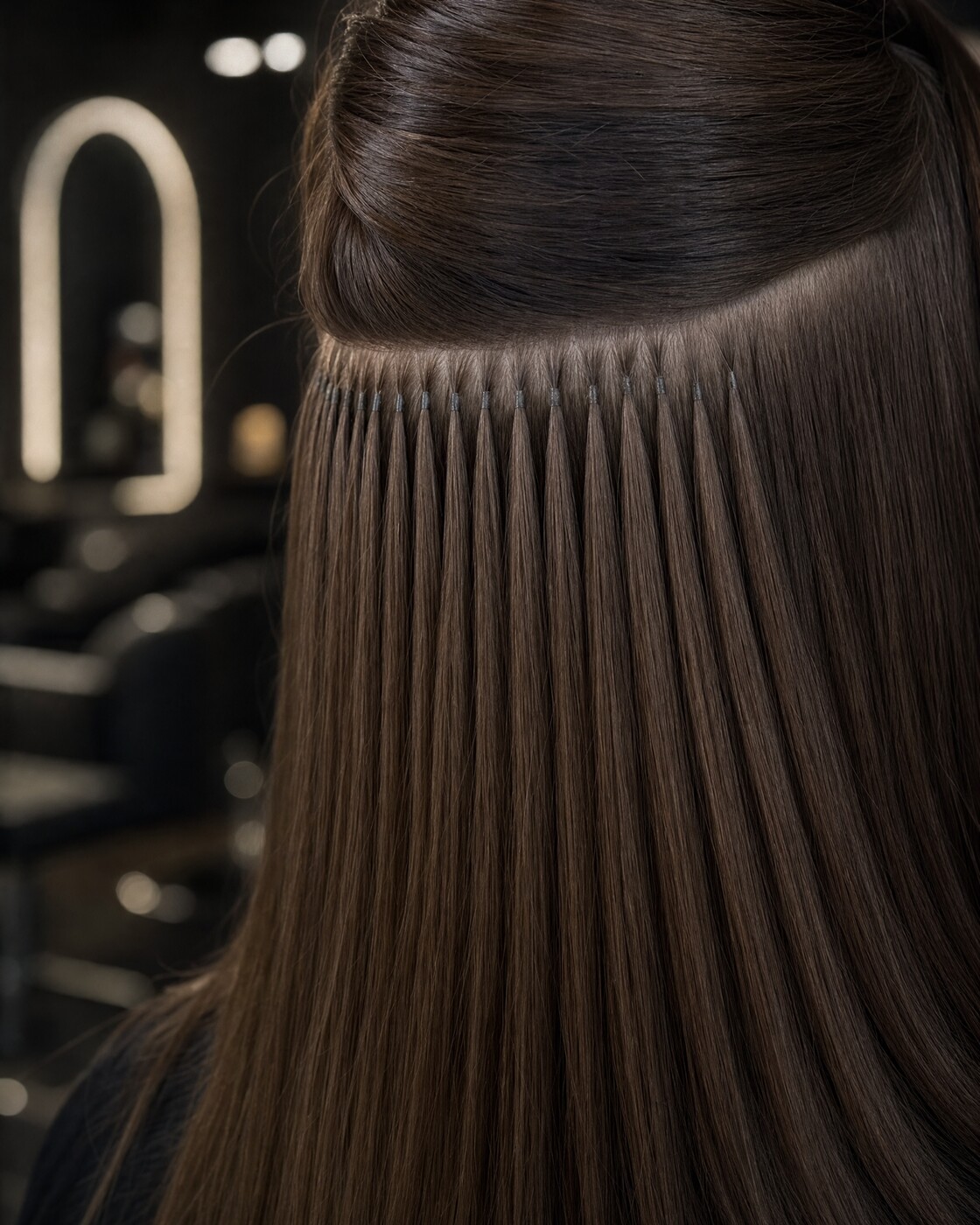 Dunkelbraune Bonding Extensions mit sichtbaren Verbindungsstellen in einem Salon