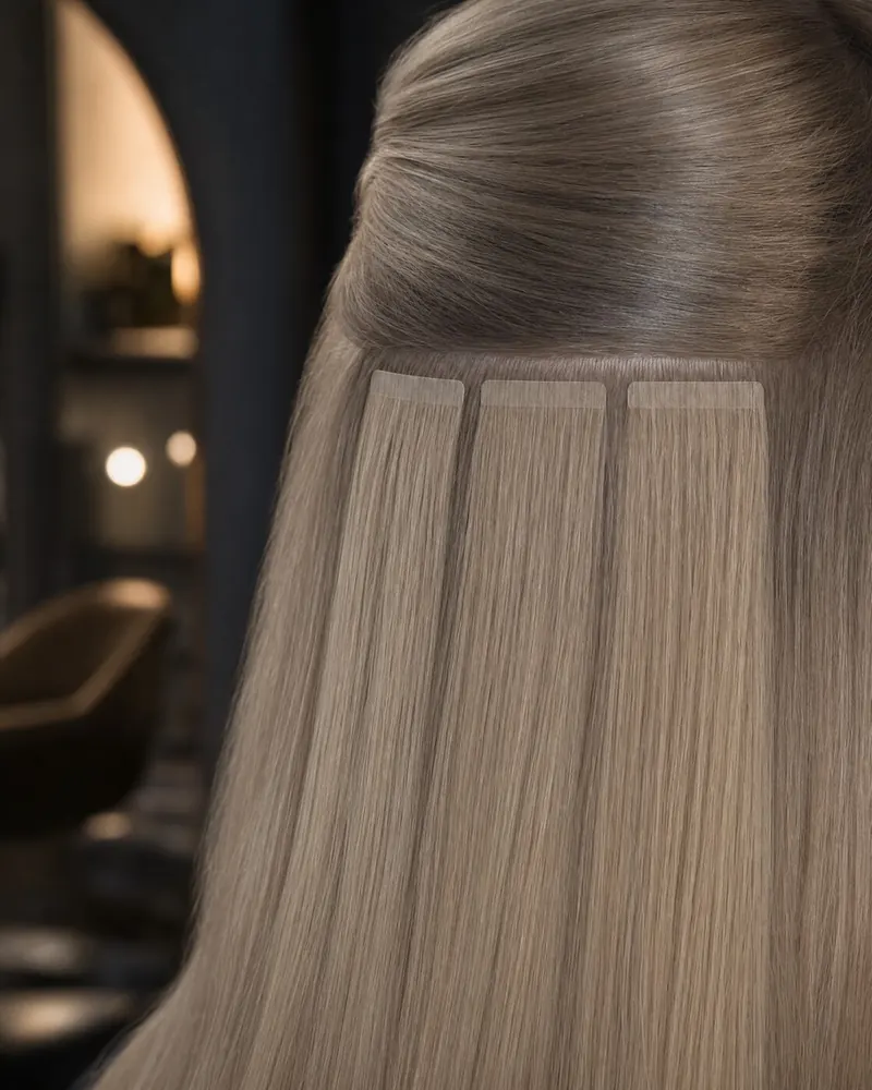 Drei aschblonde Tape Extensions mit flachen Klebestellen in einem Salon