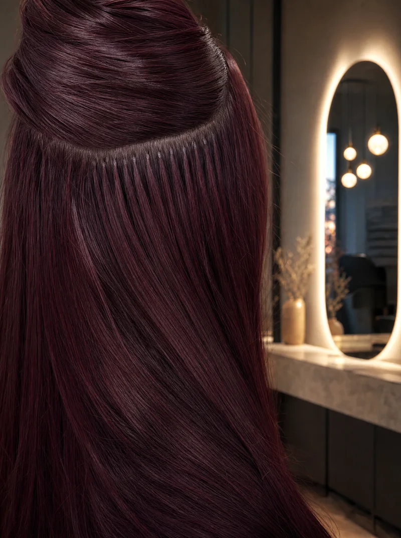 Bonding-Verbindungen im Haar vor einem Salonhintergrund
