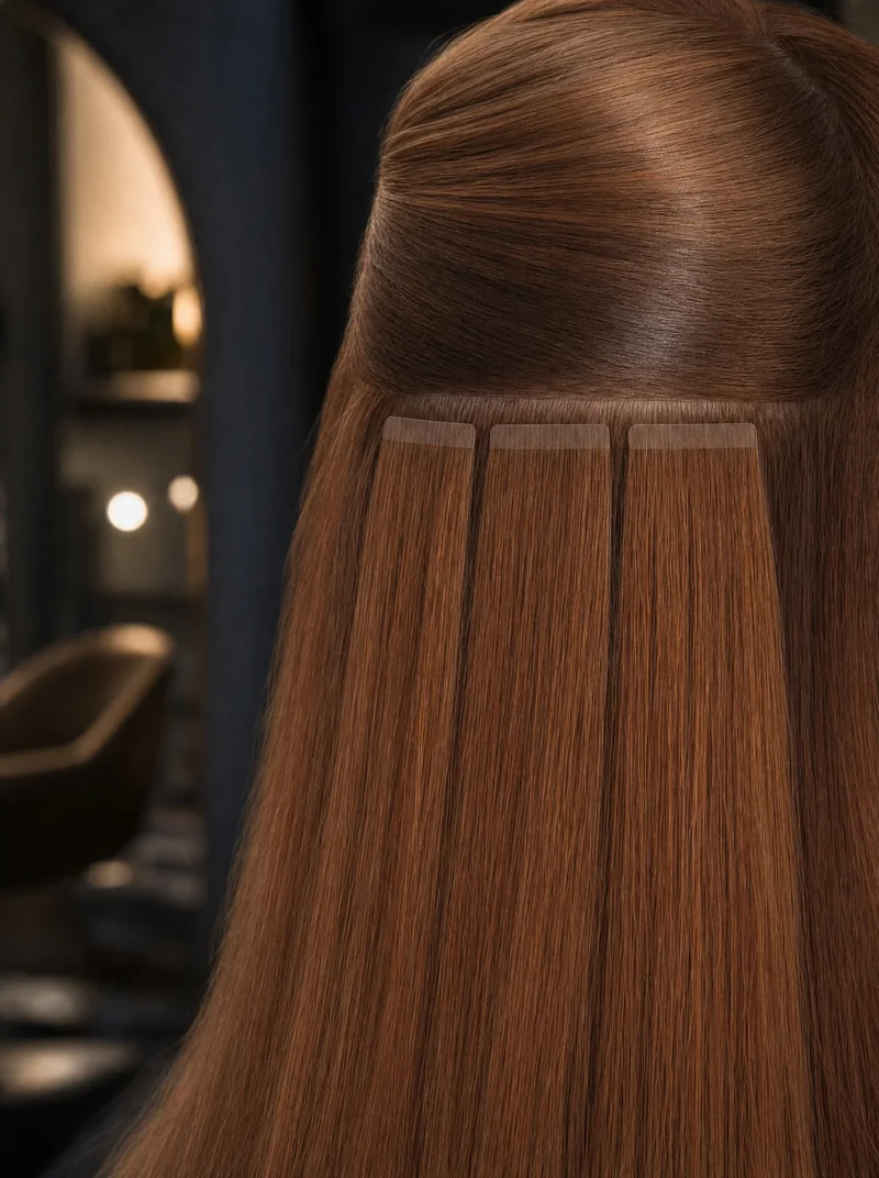 Flache Tape-Verbindungen im Haar vor einem Salonhintergrund